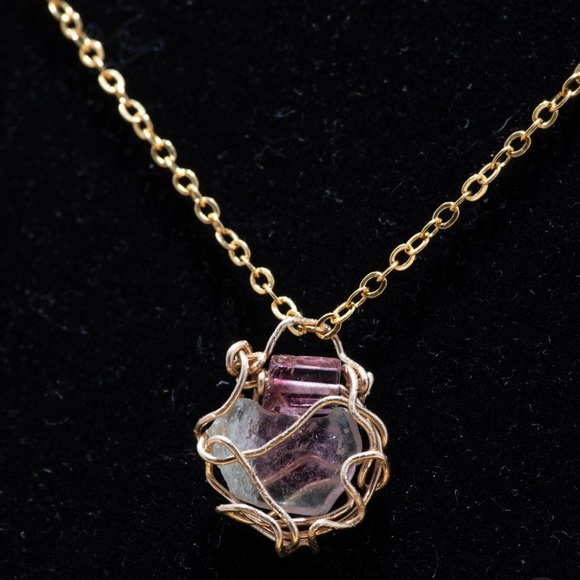 Hand Crafted Jewelry - Watermelon and pink Tourmaline wrapped with 14k gold filled wire on an 18” chain
